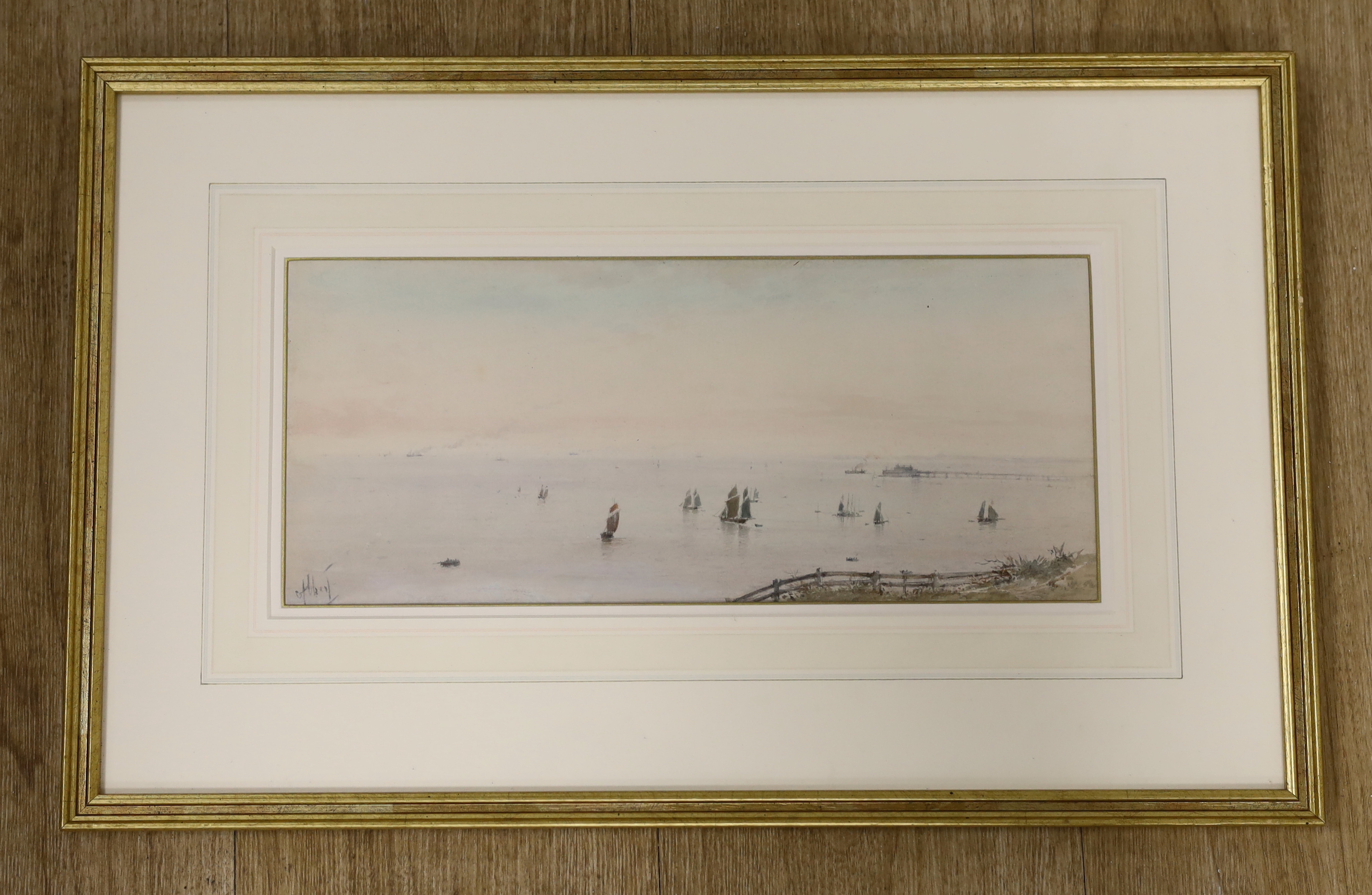 Albert Ernest Markes (1865-1901) watercolour, 'View of Brighton beach with boats', signed, 34 x 16cm